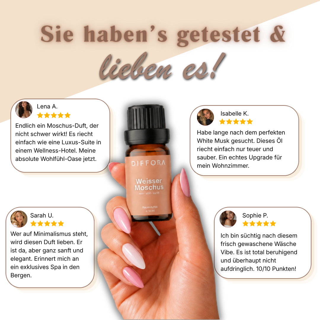 Weißes Moschus Raumduftöl "Pure Softness" von ꓓꓲꓝꓝꓳꓣꓥ™ in einer eleganten Flasche, ideal für angenehmes Duftambiente