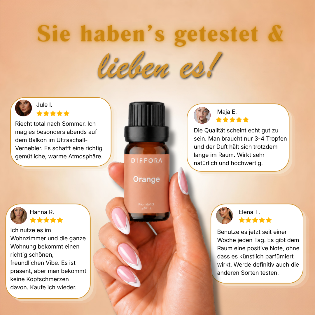 Ätherisches Raumduftöl "Sun-Kissed" in Orange, natürliche Duftöle von ꓓꓲꓝꓝꓳꓣꓥ™, flüssiges Öl in dunkler Flasche