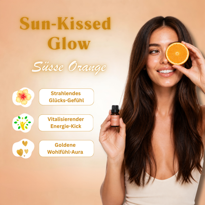 Ätherisches Raumduftöl "Sun-Kissed" in Orange von ꓓꓲꓝꓝꓳꓣꓥ™, mit frischem Orangenduft in einer Flasche.