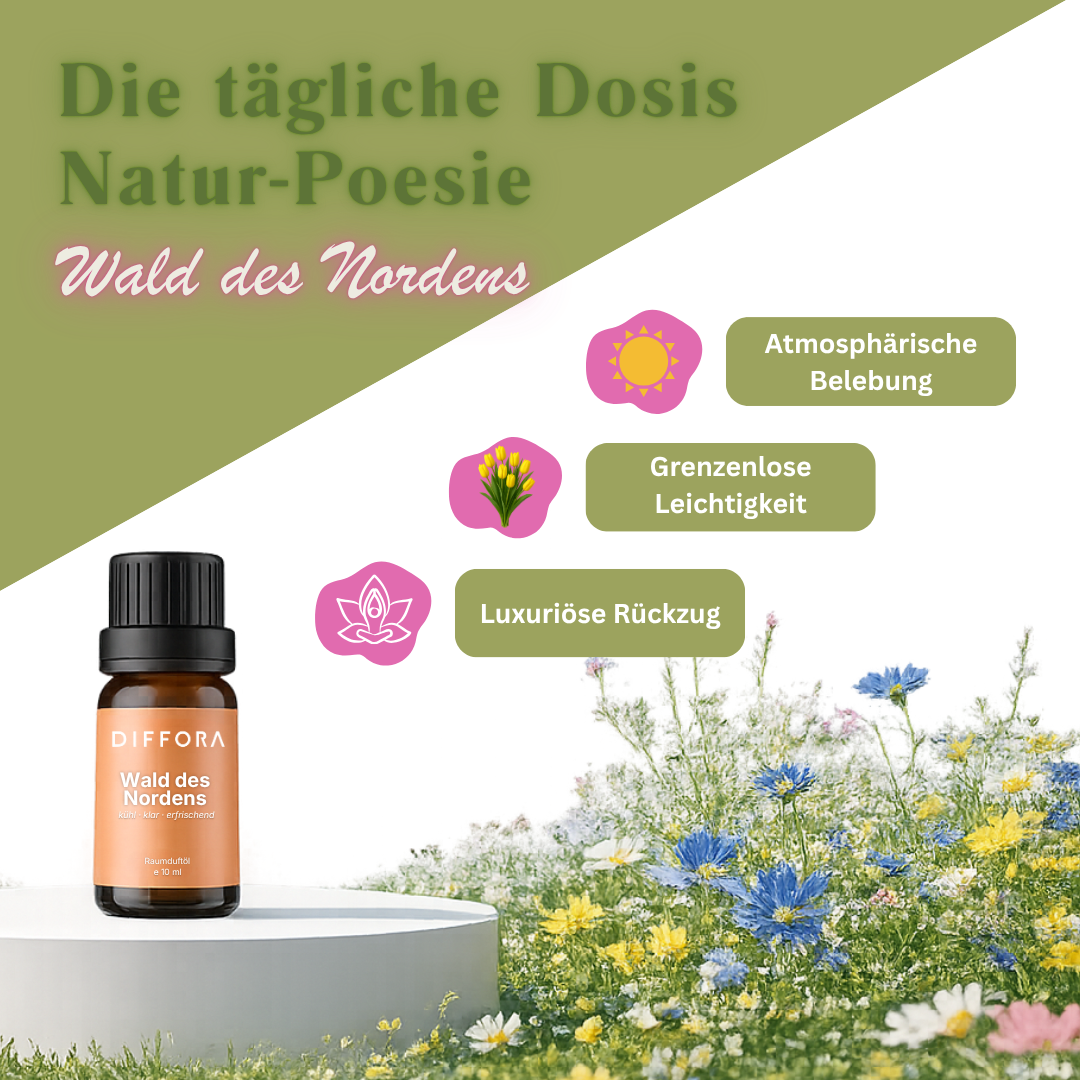 Raumduftöl "Scandi Spring" von Wald des Nordens, Flasche mit natürlichem Duft, ideal für entspannende Aromatherapie.