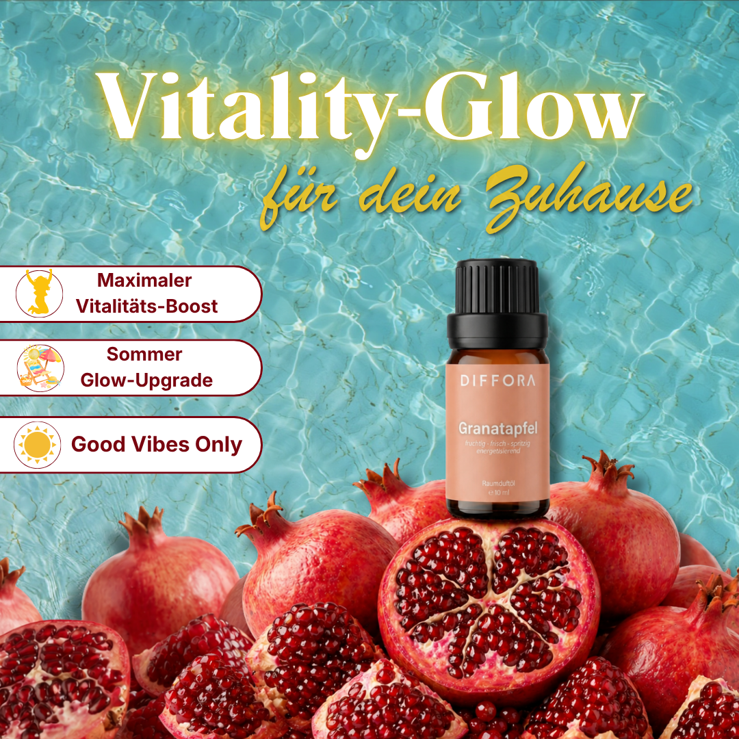 Natürliches Raumduftöl Granatapfel "Vitality-Glow" von ꓓꓲꓝꓝꓳꓣꓥ™ mit belebendem Duft und wohltuender Atmosphäre.