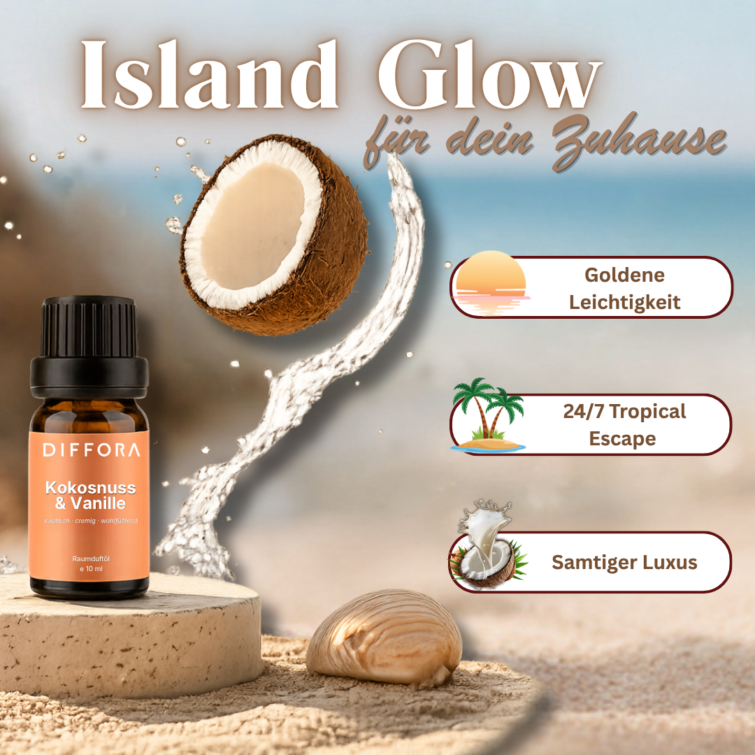Kokosnuss-Vanille Raumduftöl "Island Glow" von ꓓꓲꓝꓝꓳꓣꓥ™ in einer Flasche, ideal für angenehmen Raumduft