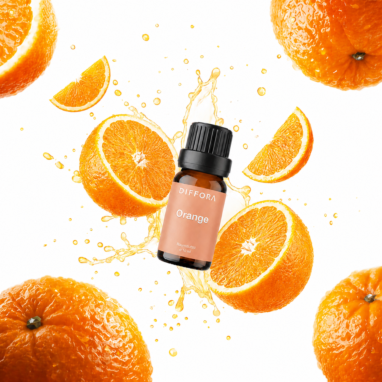 Ätherisches Raumduftöl "Sun-Kissed" mit süßem Orangenaroma, von ꓓꓲꓝꓝꓳꓣꓥ™, zeigt die Flasche mit orangefarbenem Duftöl