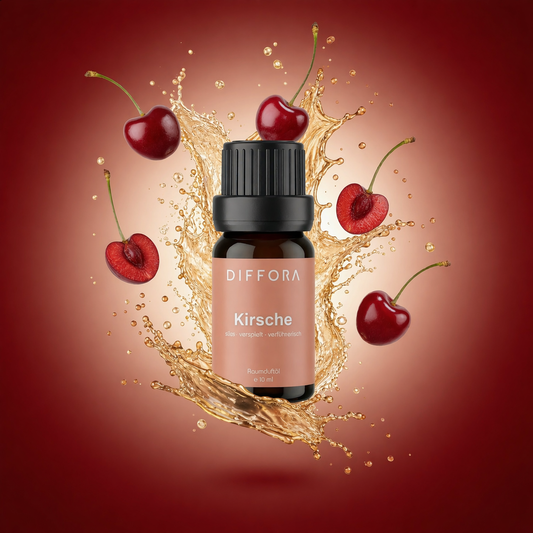 Duftholz mit Flasche des Raumduftöls "Sweet Cherry" von ꓓꓲꓝꓝꓳꓣꓥ™ in eleganter Verpackung