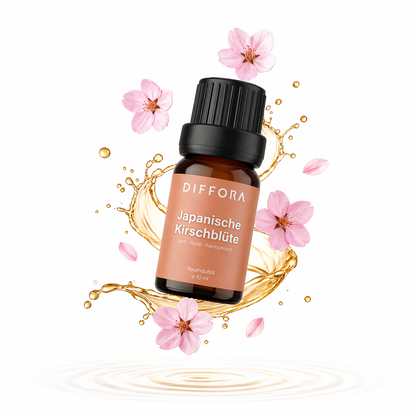 Japanisches Raumduftöl mit Kirschblüten-Duft von ꓓꓲꓝꓝꓳꓣꓥ™, zeigt Flasche mit blumigem Duftöl und Kirschblüten.