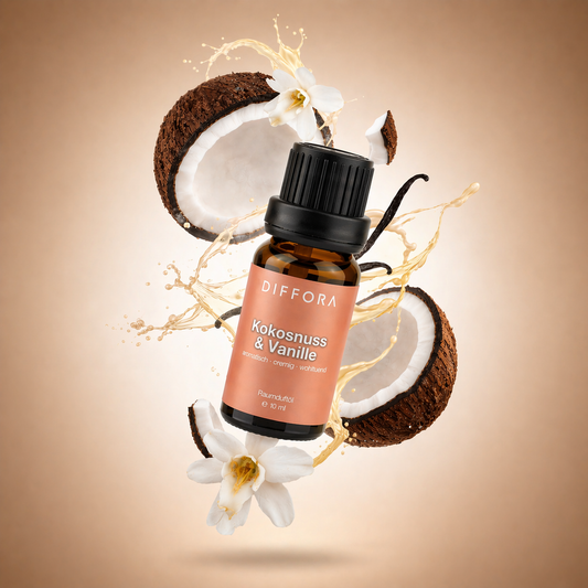Kokosnuss-Vanille Raumduftöl "Island Glow" von ꓓꓲꓝꓝꓳꓣꓥ™, Flasche mit Duftöl und Kokosnuss-Vanille-Duft.