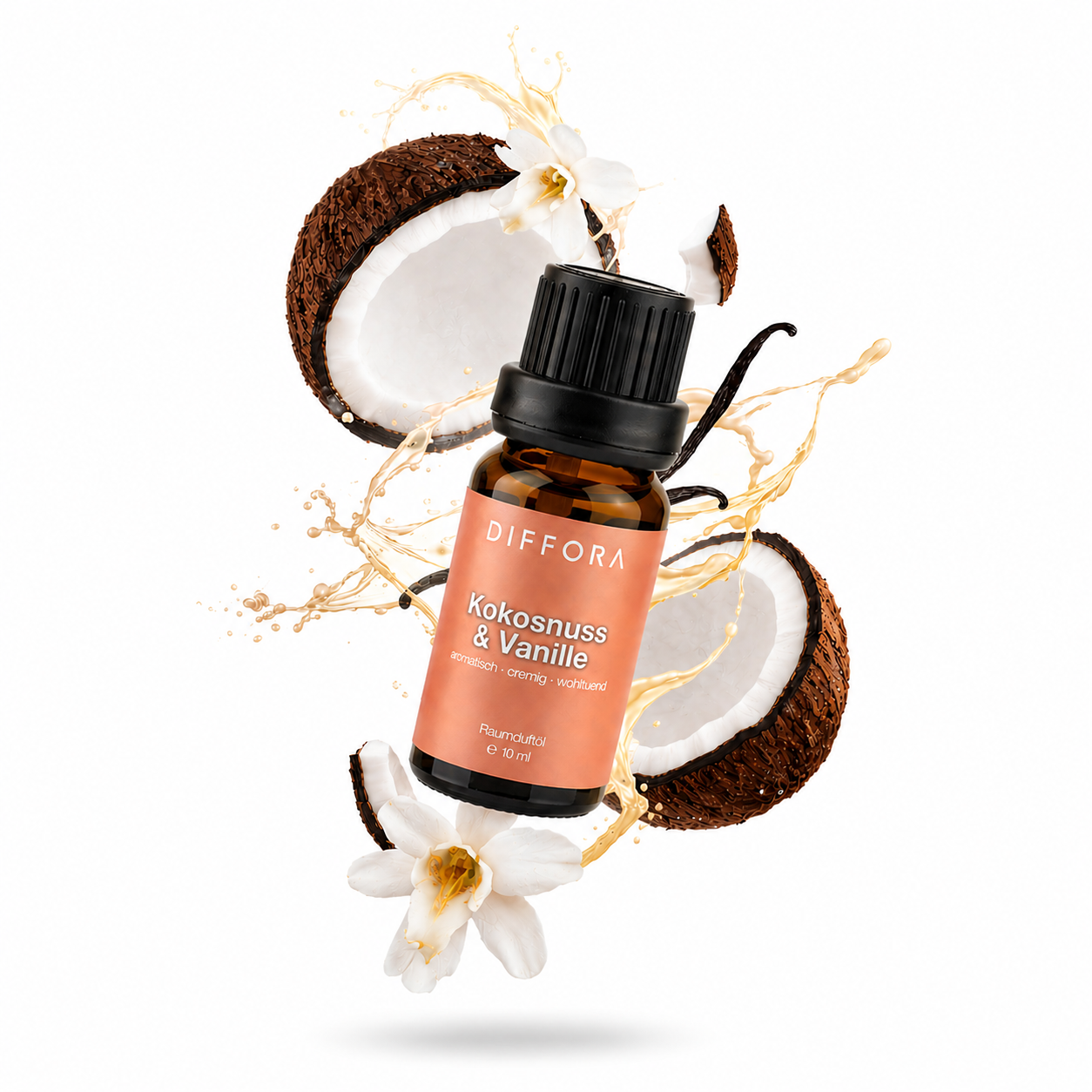 Kokosnuss-Vanille Raumduftöl von ꓓꓲꓝꓝꓳꓣꓥ™ in einer Flasche mit tropischem Duft, ideal für ein gemütliches Zuhause.