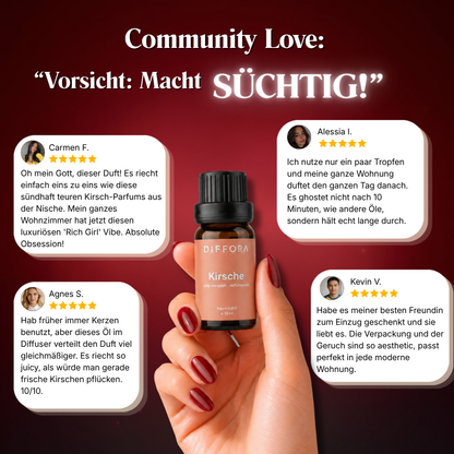 Duftholz mit Flasche des ꓓꓲꓝꓝꓳꓣꓥ™ Sweet Cherry Raumduftöls mit Kirschen und Blumen, Testimonials im Hintergrund