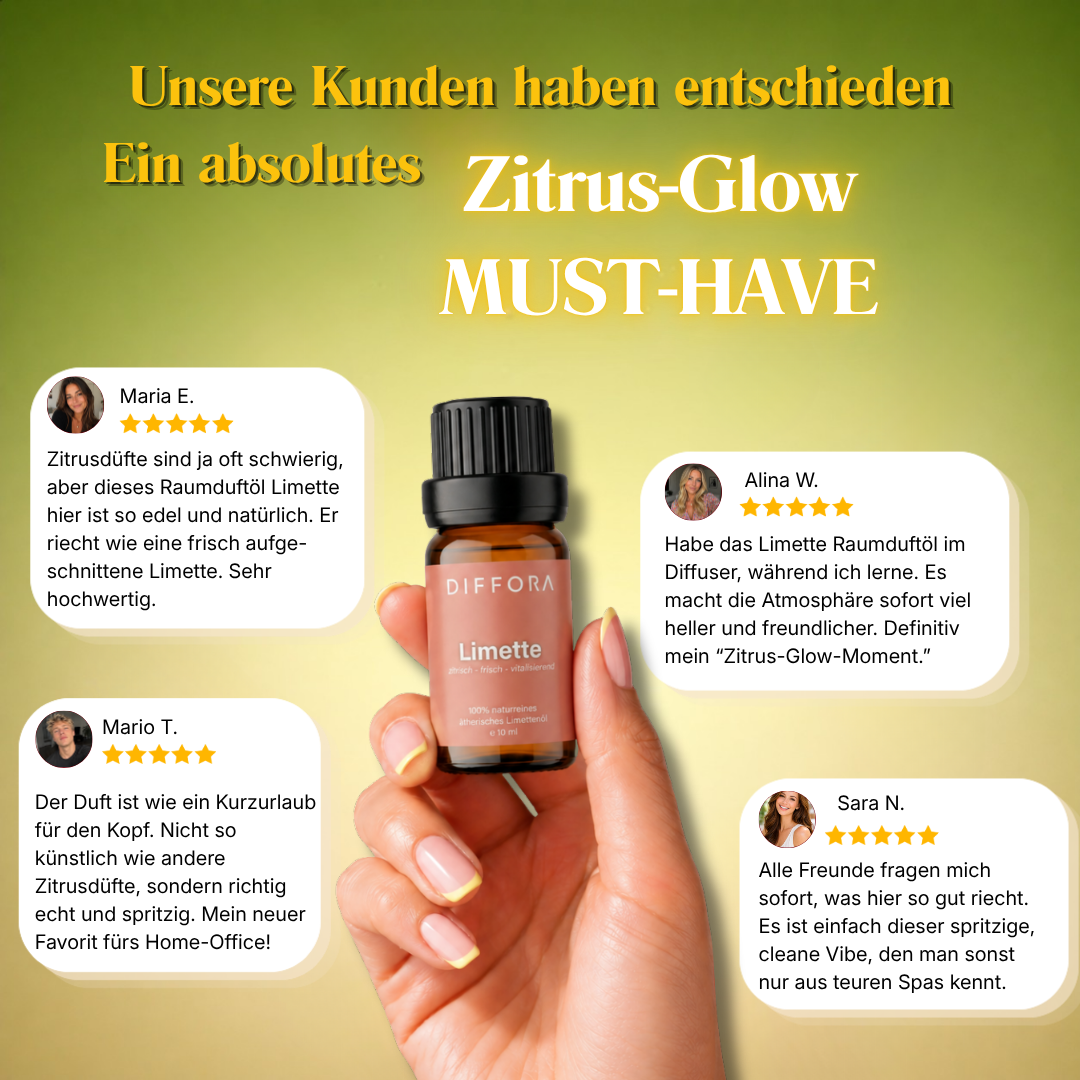 Testimonial-Bild für Limette "Zitrus-Glow" Raumduftöl von ꓓꓲꓝꓝꓳꓣꓥ™, zeigt zufriedene Kunden.
