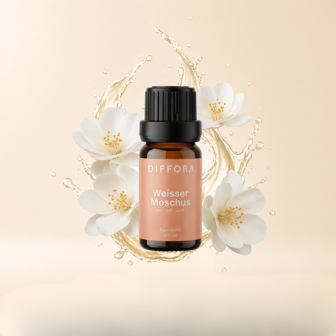 Weißer Moschus Raumduftöl "Pure Softness" von ꓓꓲꓝꓝꓳꓣꓥ™ in einer eleganten Flasche, ideal für angenehmen Raumduft