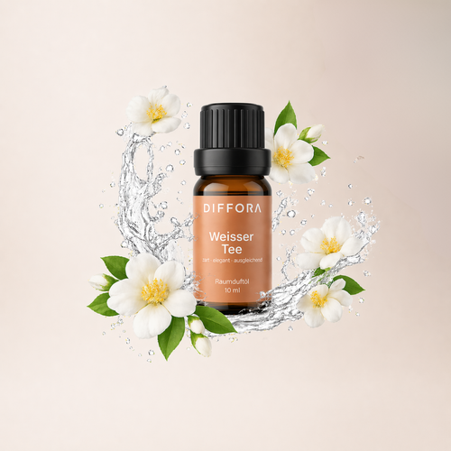 Weiße Tee Flasche mit Raumduftöl von ꓓꓲꓝꓝꓳꓣꓥ™, elegante Verpackung, ideal für ein frisches, blumiges Raumklima