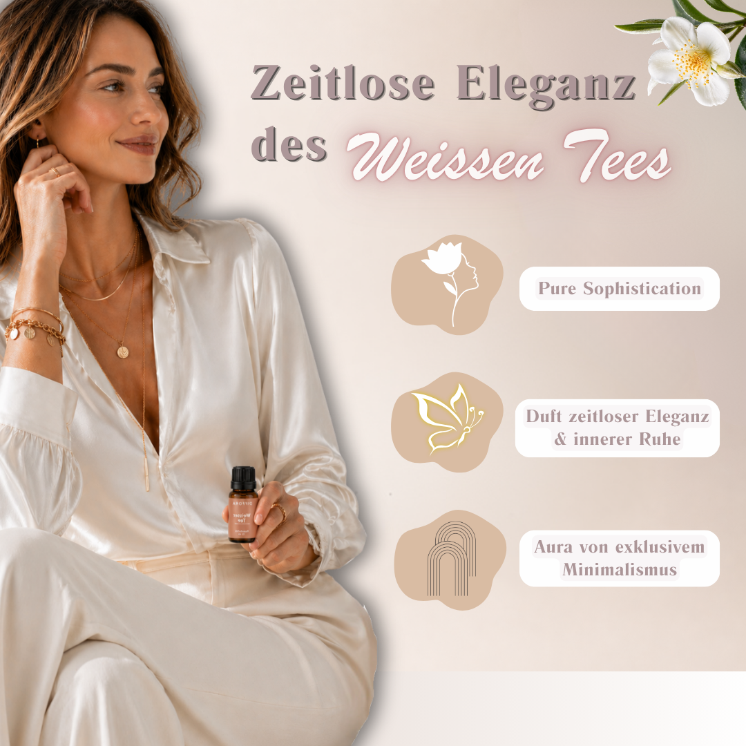 Weißer Tee "Zeitlose Eleganz" Raumduftöl in Flasche, elegante Verpackung, aromatischer Duft, entspannende Atmosphäre