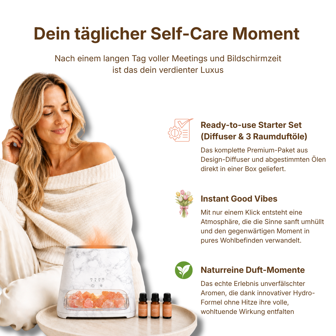 Frau hält den ꓓꓲꓝꓝꓳꓣꓥ™ Signature Starter Set mit Diffusor in den Händen, auf einem hellen Hintergrund.